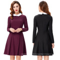 Grace Karin Women's Stylish & Slim Fit Long Sleeve Contrast Color Doll Collar Wine red A-Line Dress CL010470-2